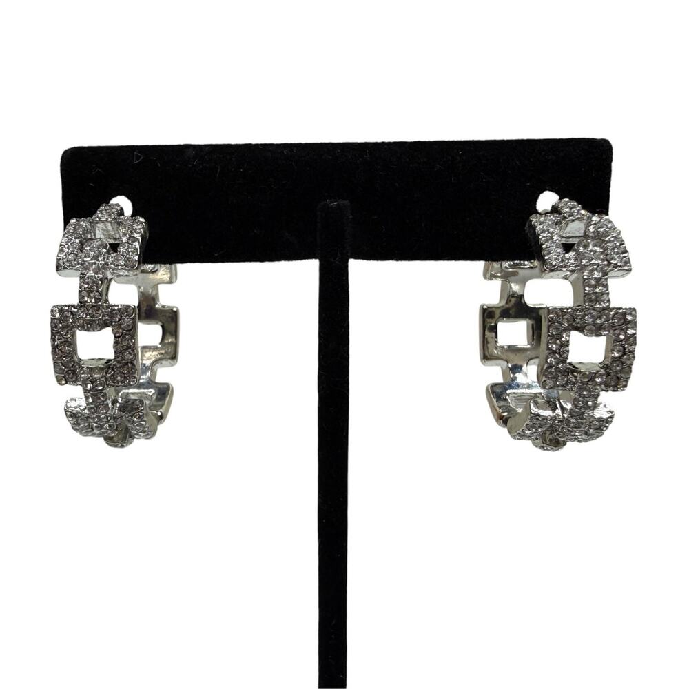Silver Tone Clear Paved Rhinestones Sparkle Segmented Hoop Earrings 1 in